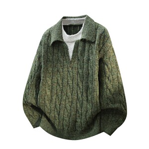 
2025 autumn and winter casual trendy brand twist fake two-piece lapel sweater pullover sweater for men thickened warm sweater