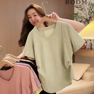 
Plus size women's clothing 2026 new summer style fat mm super slim summer waist slimming V-neck right shoulder short-sleeved T-shirt top