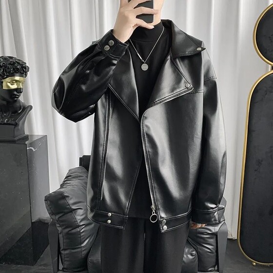 American retro motorcycle leather jacket men's autumn trendy brand diagonal zipper large lapel short pilot leather jacket men
