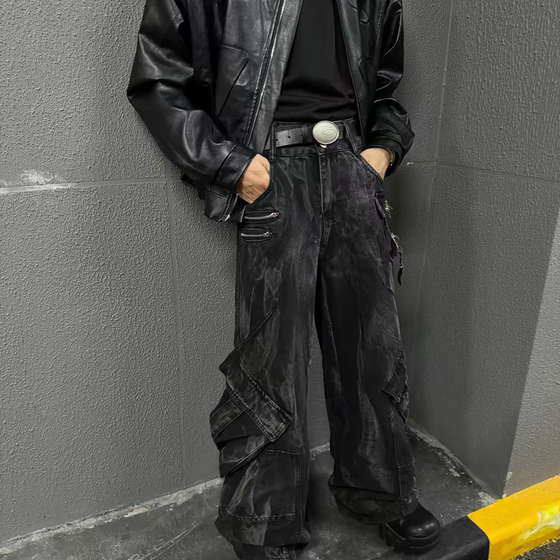 
American trendy brand vibe street zipper big pocket jeans distressed retro design high street workwear micro horn