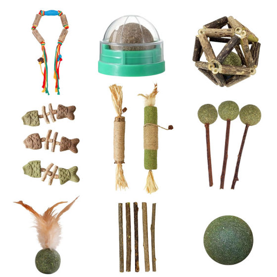 
Cat toys natural wooden cat and dog toy set feather bone stick interactive educational pet supplies catnip