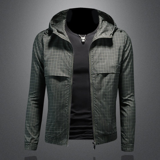
European station trend spring and autumn new hooded fine plaid men's jacket coat slim personalized top men's clothing trend