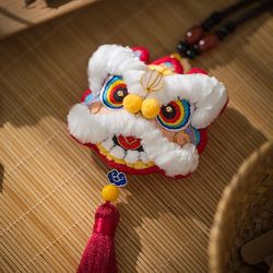 Car Pendant Lion Dance Peace Charm Embroidery DIY Materials Handmade Keychain Car Hanging Decoration Cross-Stitch Gift for Boyfriend