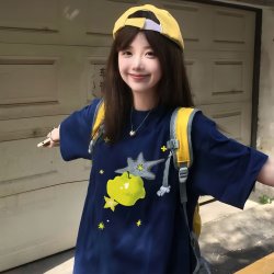 Navy Blue Pure Cotton Short-Sleeved T-Shirt for Girls, Summer Wear for 2026, Junior High and High School Students, Loose Half-Sleeve Top