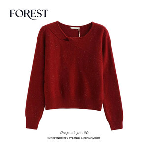 
Shiyesen New Year's Winter Clothes Gentle Short Bright Silk Twist Hollow Long Sleeve Round Neck Pullover Sweater Top