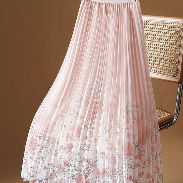 Printed mesh skirt for women in spring and summer 2025 new Chinese style gauze skirt mid-length draped pleated skirt A-line long skirt