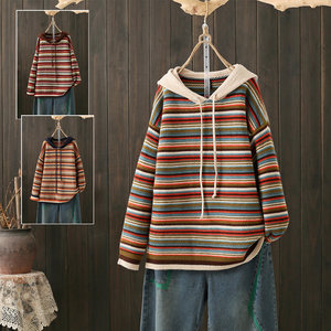 
Autumn and winter large size 220*0.5kg hooded color strip color-blocked knitted sweater long sleeve Korean style college style hoodie sweater trend
