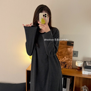 
Japanese black and gray striped nightgown for women, pure cotton, autumn and winter long sleeves, can be worn as outerwear, loose, slim, medium and long style