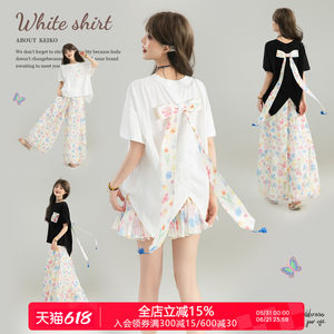 
KEIKO bow ribbon short-sleeved T-shirt for women 26 summer beautiful floral splicing short front and long loose top