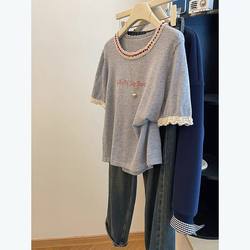 2025 New Summer Style Heavy Industry Embroidered Lace Design Niche Inner Layering Top Spliced Short-Sleeved T-Shirt for Women