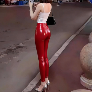 
Red pu leather pants for women in autumn and winter high waist tight sexy hip lift shiny smooth slimming outer wear enchantress men's bottoming