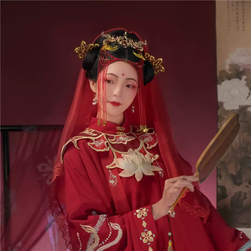 汉服发饰 婚期同款头饰套装花嫁系列金红发冠簪额饰面