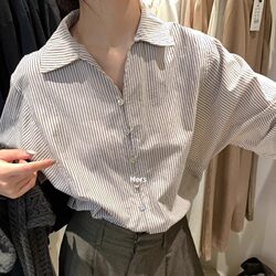 French Retro Stripesd Polo Collar Shirt for Women in Spring & Fall Layered with a Loose-Fitting V-Neck Long-Sleeved Shirt and Loose Casual Top