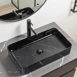 Black Marble-Patterned Countertop Ceramic Washbasin, Artistic Basin for Guesthouse Bathroom, Simple Washbasin with a High-End Feel