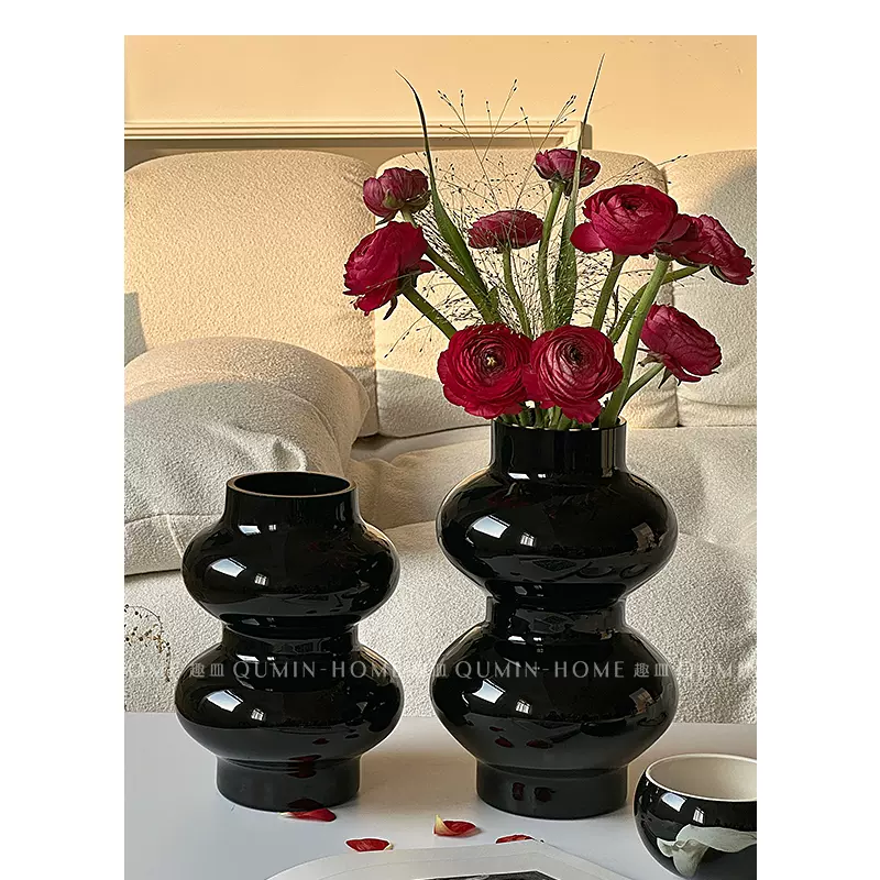 中古高级感花瓶艺术酷黑葫芦玻璃花瓶轻奢风家用客厅插花摆件花器-Taobao