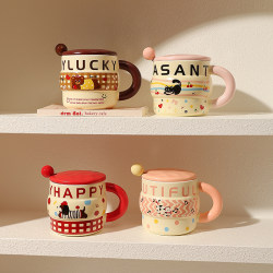 Cute Puppy Ceramic Cup with Lid and Spoon for Home Drinking, High-Value Mug, Milk Cup, Couple Cup