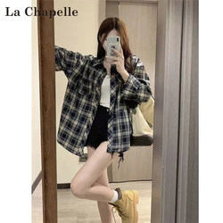 La Chapelle American Retro Plaid Shirt for Women, Summer 2026 New Loose Long-Sleeve Shirt Jacket Top