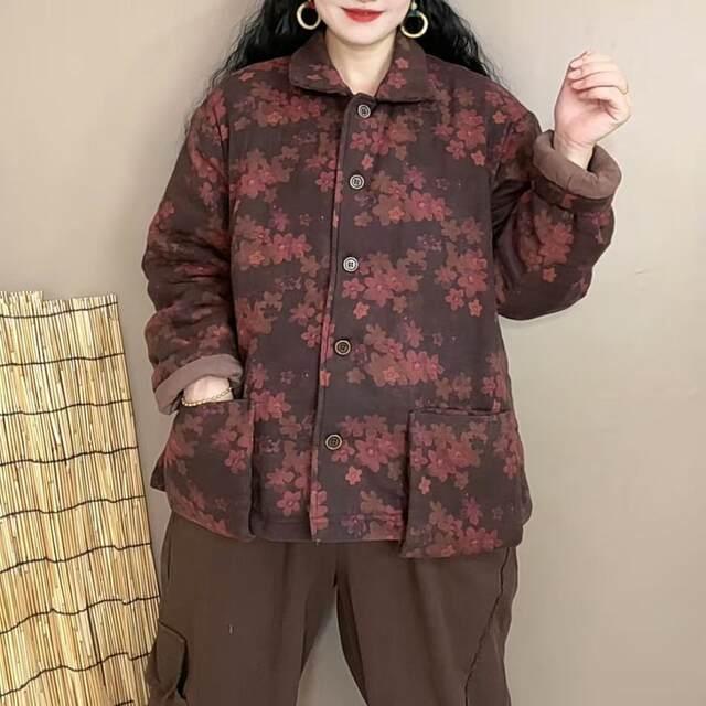 Fried color ethnic style full print plus cotton jacket fashionable casual double pocket warm cotton jacket J22 23#