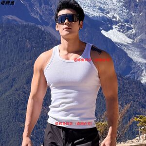 Summer coarse thread vest men's slim training white cotton round neck sports fitness breathable sweat-absorbent sling trendy
