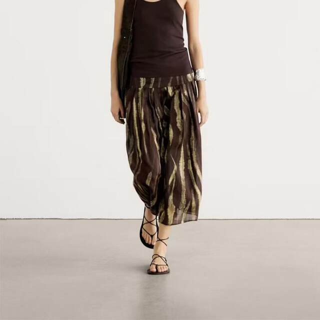 Spanish MD women's new retro abstract print print light and flowing pleated skirt spring and autumn long skirt