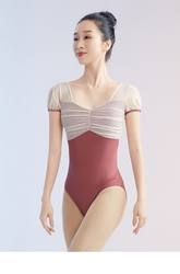 New Ballet Dance Costume with Mesh Color-Blocking, Gymnastics Outfit, Teacher Practice Wear, Short-Sleeve Leotard, Women's Aerial Yoga Outfit