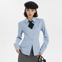 2026 Spring and Autumn New Blue Long-Sleeve Shirt for Women, Autumn College Style, Petite Slim-Fit Waist-Cinching Shirt Top