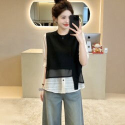 Korean Style Black Fake Two-Piece Short-Sleeved Shirt for Women, Summer Plus Size, Loose Fit, Slimming Shirt, Stylish and Age-Reducing Top
