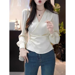 Plus-Size High-End French Satin Women's Shirt, Spring Wear for Chubby Women, Slimming Waist-Cinching V-Neck Top, Base Shirt