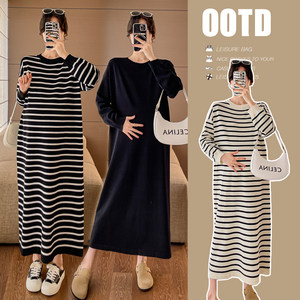 
Large size maternity wear knitted striped dress Internet celebrity spring and autumn over-the-knee Korean style loose sweater skirt 200*0.5kg