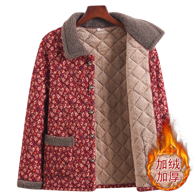 Mom's autumn and winter velvet cotton-padded jacket for middle-aged and elderly women large size loose lapel pattern thickened cotton top