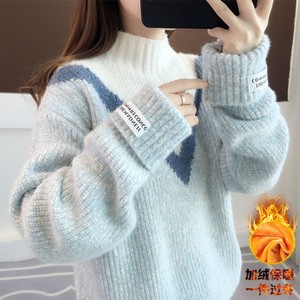 Half turtleneck sweater for women in autumn and winter plus velvet 2025 new pullover loose Korean style laziness thickened sweater top
