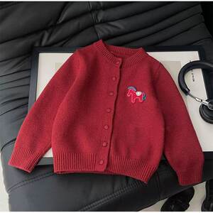 
New Children's Autumn and Winter Knitted Sweater Red Pony Cardigan Festive and Versatile Jacket for Boys and Girls