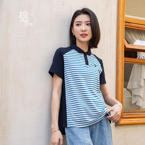 
[YUN] Yun 2024 summer new women's clothing commuting round edge lapel color block striped slim knitted short-sleeved T-shirt