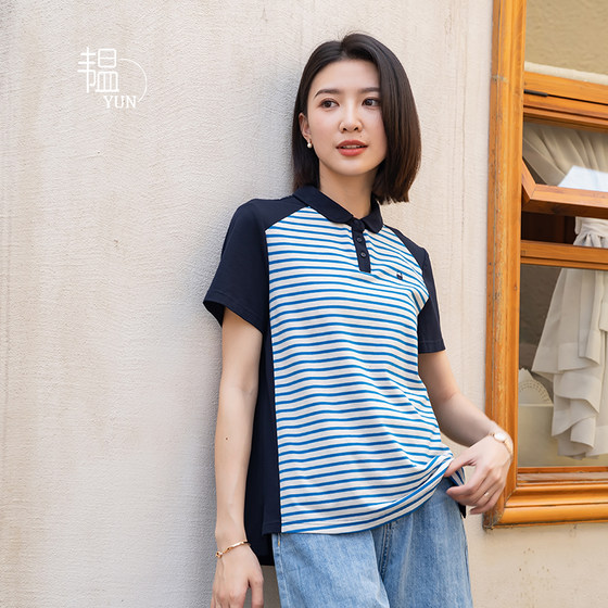 
[YUN] Yun 2024 summer new women's clothing commuting round edge lapel color block striped slim knitted short-sleeved T-shirt