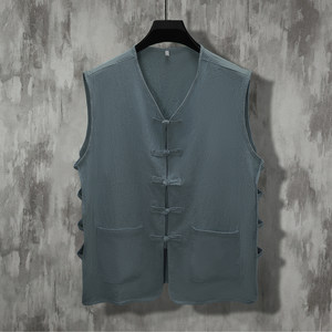Summer thin Chinese style men's linen loose vest plus fertilizer, increase the size of retro cotton and linen vest, shoulder shirt
