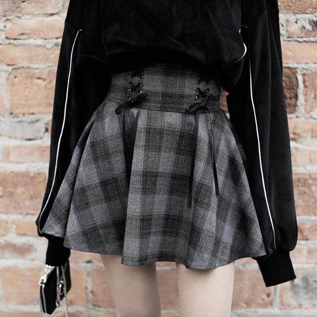 2024 spring and autumn new girl feels dark gray lattice high waist strap big band skirt short skirt wild tide female
