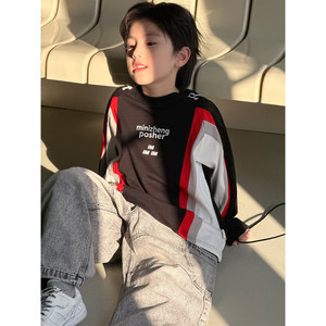
2026 New Spring Clothing Boys Long Sleeve Printed T-Shirts Korean Style Children's Fashionable Girls Outer Wear Splicing Contrast Color Tops
