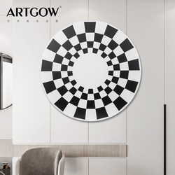 Circular Creative Black and White Checkered Abstract Modern Minimalist Solid Wood Decorative Painting for Living Room Entrance Model Room Customization