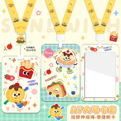 New Cartoon Hamburger and Fries Large Card Holder with Neck Strap, Employee Id Badge Retractable Card Holder 10*7