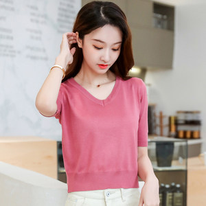 
Short V-neck ice silk sweater top short-sleeved sweater for women with small slim fit thin base shirt for women