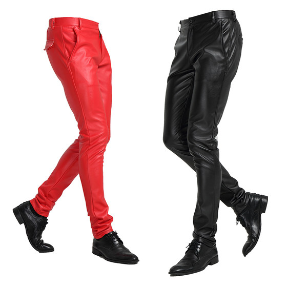 
Shilin leather pants men's motorcycle trendy thin slim foot tight big size pu leather pants high-end white red