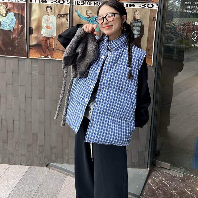 FGOB's new Korean -style white small incense wind spring stands blue plaid vest sleeveless wild top cotton jacket vest