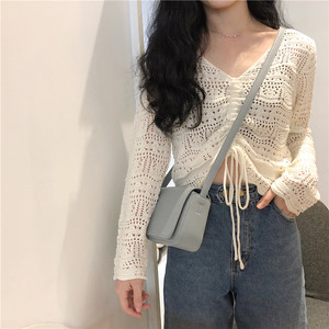 Korean version of loose sweater short sweater female long -sleeved net hole spring top drawing rope hollow V -neck blouse thin
