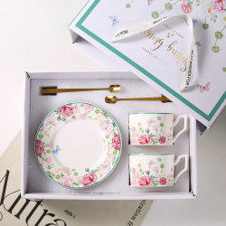 European-Style Rose Ceramic Coffee Cup Set Gift Box with Butterfly Pattern Tea Set Two-Piece Set Housewarming Gift
