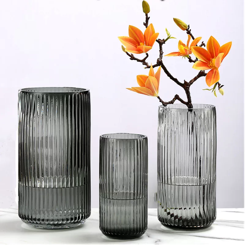 U型条纹现代轻奢网红玻璃花瓶摆件客厅插花台面直筒装饰