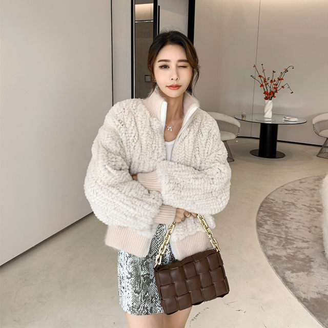 Pure Rabbit Jacket Stand collar imported rex rabbit fur coat wheat ear knitted pure ...