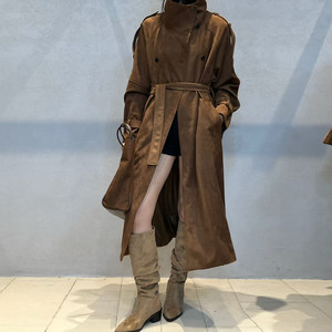 
High-end thickened cowhide velvet brown windbreaker jacket for women TARU retro stand-up collar long over-the-knee casual coat trendy