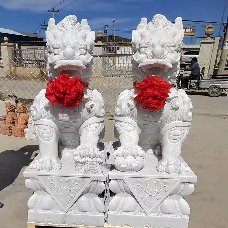 汉白玉精雕麒麟一对青石门口石雕动物摆件户外汉白玉石雕麒麟