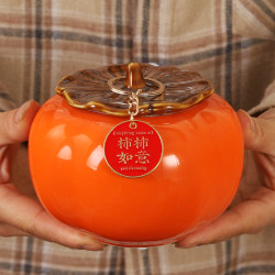 Persimmon-Shaped Ceramic Jar for Housewarming Ceremony, Large Persimmon Ornament for Living Room Decoration, Creative Gift