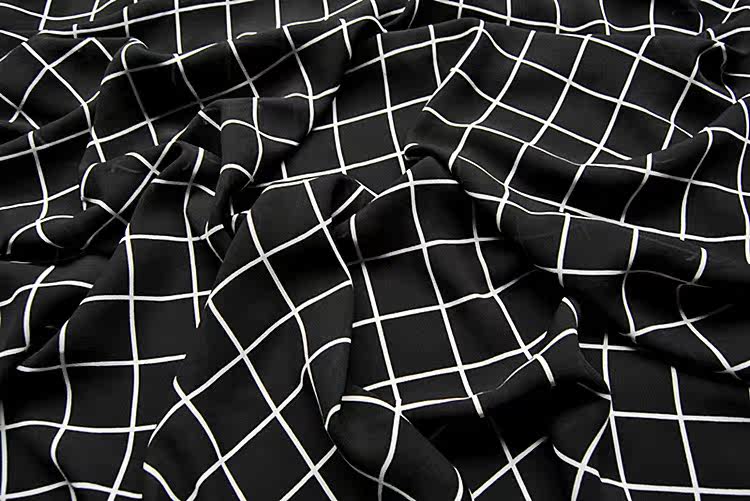 乱麻厚雪纺布料 印花面料 黑白格子3厘米 微透 高档服装面料diy
